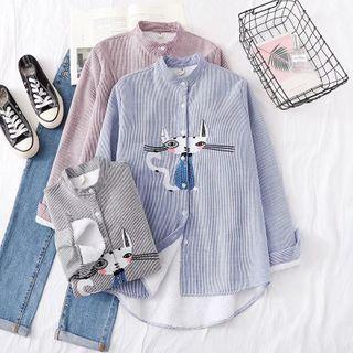 Long-sleeve Cat Embroidered Fleece-lined Shirt