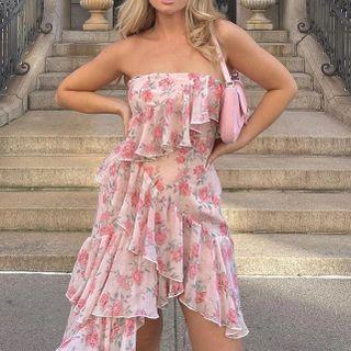 Strapless Floral Print Dip-back A-line Dress