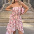 Strapless Floral Print Dip-back A-line Dress