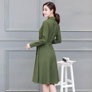 Long-sleeve Notched-lapel Plain Dress