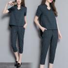 Set: Pinstriped Short-sleeve Top + Cropped Pants