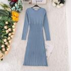 Long-sleeve Midi Knit Dress Grayish Blue - One Size