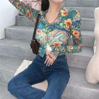 Flower Print Long-sleeve Sheer Crop Top As Figure - One Size