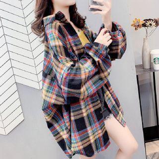 Long-sleeve Plaid Loose Fit Midi Shirt