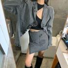 Long-sleeve Ruffled-trim Denim Jacket / Denim High-waist Skirt