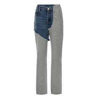 Mock Two-piece Denim Panel Straight Leg Pants