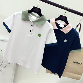 Smiley Embroidered Color-block Cropped Short Sleeve Polo Shirt