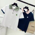Smiley Embroidered Color-block Cropped Short Sleeve Polo Shirt