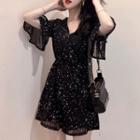 Star Print Elbow-sleeve V-neck Wide-leg Playsuit