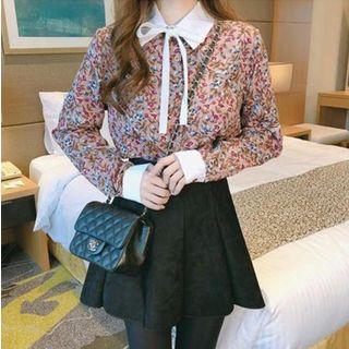 Contrast-trim Patterned Shirt/pleated Skirt