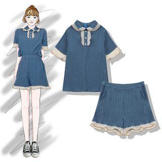 Set: Contrast Trim Short-sleeve Blouse + Shorts