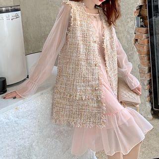 Set: Long-sleeve Mesh Dress + Buttoned Tweed Vest