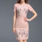 Short-sleeve Embroidered Perforated Sheath Dress