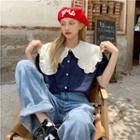 Short-sleeve Frilled Two-tone Blouse