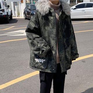 Letter Printed Camouflage Furry Hooded Coat