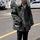 Letter Printed Camouflage Furry Hooded Coat