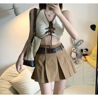 Halter-neck Drawstring Top / Belt / Pleated A-line Skirt / Set