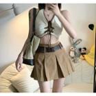 Halter-neck Drawstring Top / Belt / Pleated A-line Skirt / Set