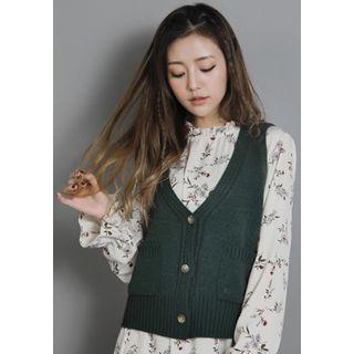 V-neck Dual-pocket Buttoned Cardigan