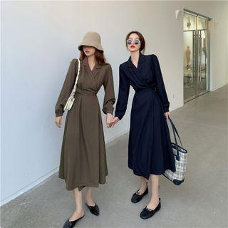 Long-sleeve V-neck Drawstring-waist Midi Dress