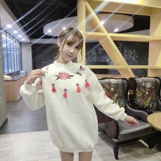 Long-sleeve Embroidered Tasseled Pullover Dress