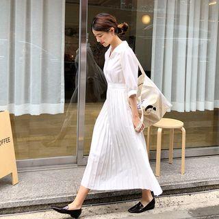 3/4-sleeve Midi Accordion Pleated Shirt Dress