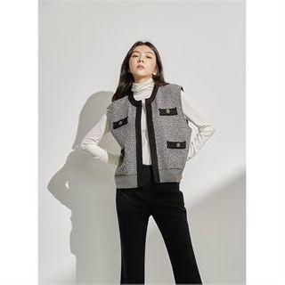 Open-front Tweed Knit Vest Black - One Size