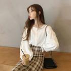 Plain Long-sleeve Blouse / Plaid High-waist Skirt
