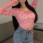 Long-sleeve Strawberry Print T-shirt Strawberry - Pink - One Size