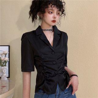 Short-sleeve Crinkled Shirt Black - One Size