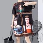 Printed Elbow-sleeve Sheath Dress As Shown In Figure - One Size