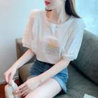 Puff-sleeve Floral Print Ruffled T-shirt