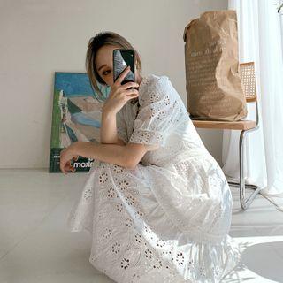 Puff-sleeve Midi Eyelet-lace Dress White - One Size