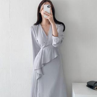 V-neck Pleated Panel Midi A-line Dress
