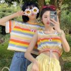 Flower Embroidered Striped Cropped Tank Top / Short-sleeve T-shirt