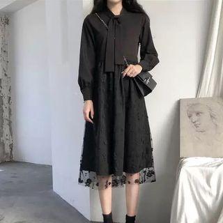 Set: Long-sleeve Tie-neck Midi A-line Dress + Sleeveless Midi Knit Dress
