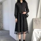 Set: Long-sleeve Tie-neck Midi A-line Dress + Sleeveless Midi Knit Dress