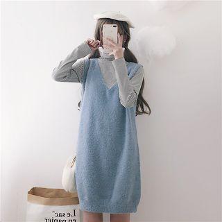 Striped Long-sleeve Top / V-neck Sleeveless Knit Dress