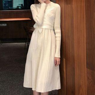 Long-sleeve Plain Panel Front Sheer Knit Dress