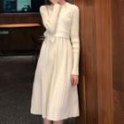 Long-sleeve Plain Panel Front Sheer Knit Dress