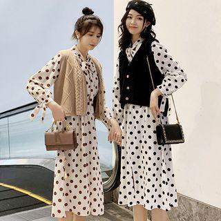 Set: Dotted Long-sleeve A-line Midi Dress + Knit Vest