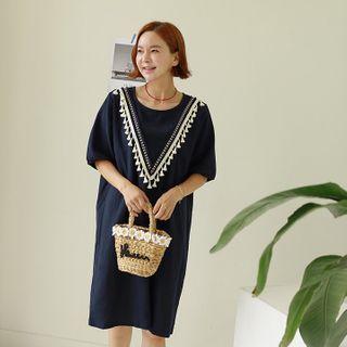 Fringed Linen Blend Shift Dress