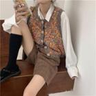 Knit Vest / Plain Long-sleeve Blouse / Plaid Shorts