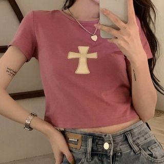 Short-sleeve Print Cropped T-shirt Purple - One Size