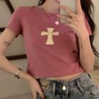 Short-sleeve Print Cropped T-shirt Purple - One Size