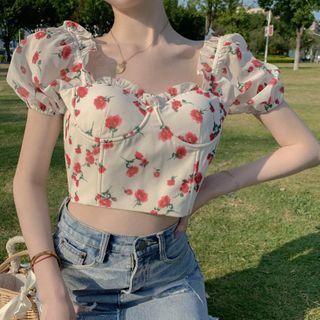 Frill-hem Floral Print Square-neck Blouse