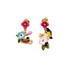 Fashion And Elegant Plated Gold Enamel Bird Flower Asymmetric Earrings With Cubic Zirconia Golden - One Size
