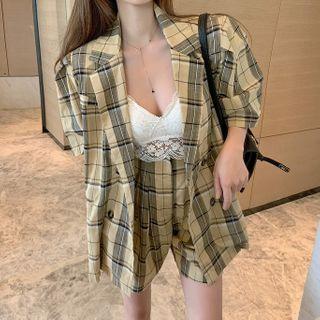 Set: Double-breasted Check Blazer + Shorts