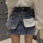 Frayed Denim Mini Pencil Skirt / Waist Chain / Set