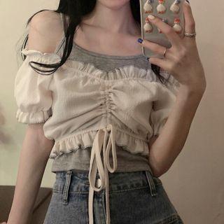 Off-shoulder Drawstring Cropped Top + Plain Camisole Top